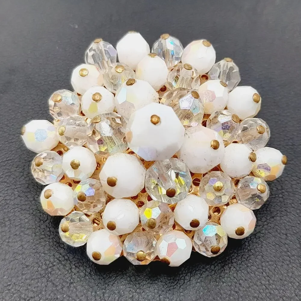 Vintage Beaded Brooch Clear & White AB Crystals Gold Tone Round 2 Inch